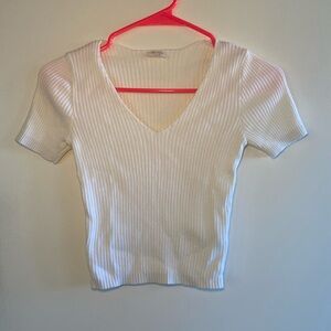 Brandy Melville Cream Ribbed V-Neck Tee